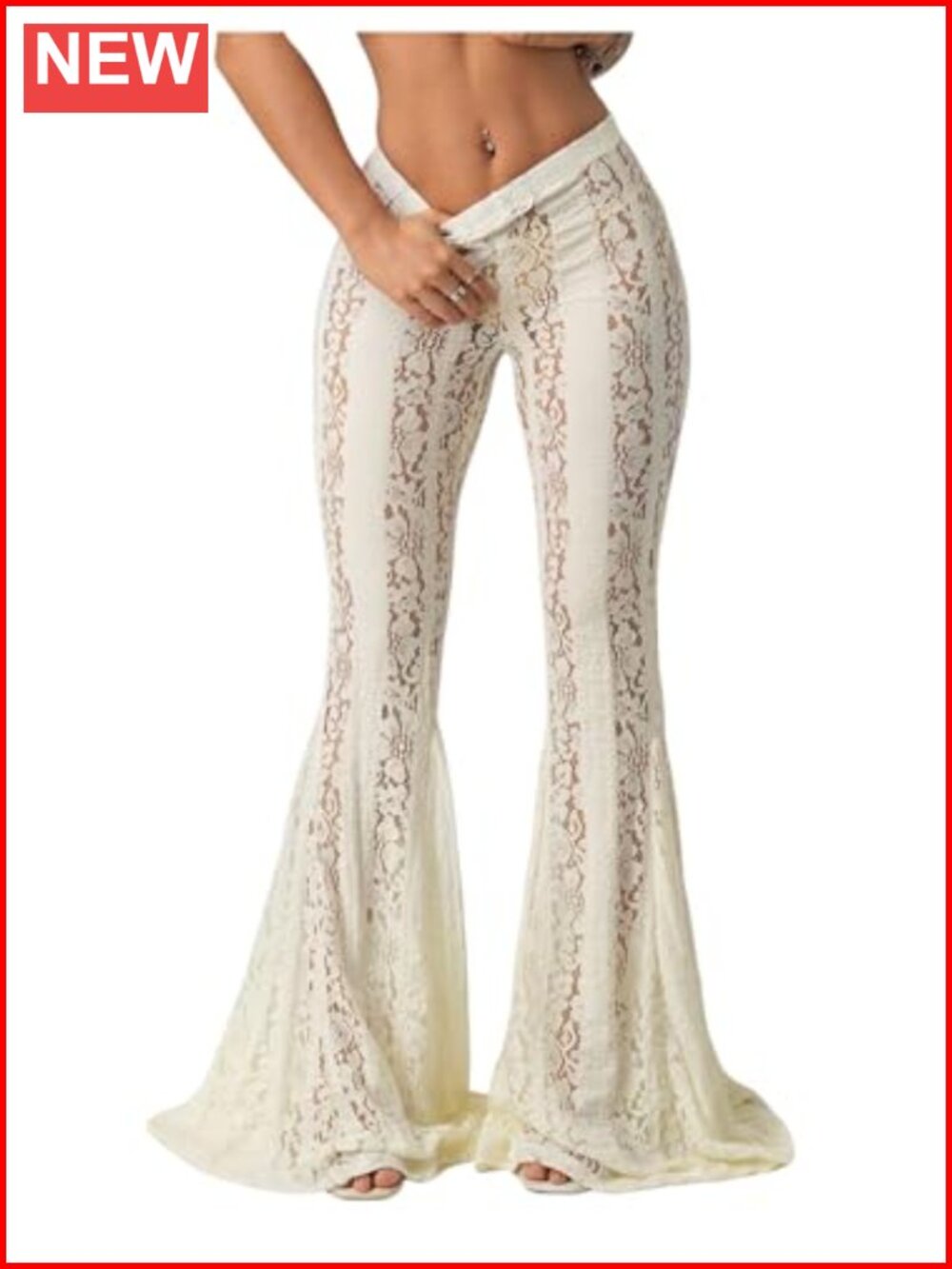 Women's Sheer Floral Lace Low Rise Flare Bell Bottom Pants